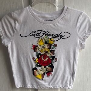 Ed Hardy White Crop Tee with Red Rose and Yellow Sunburst Graphic